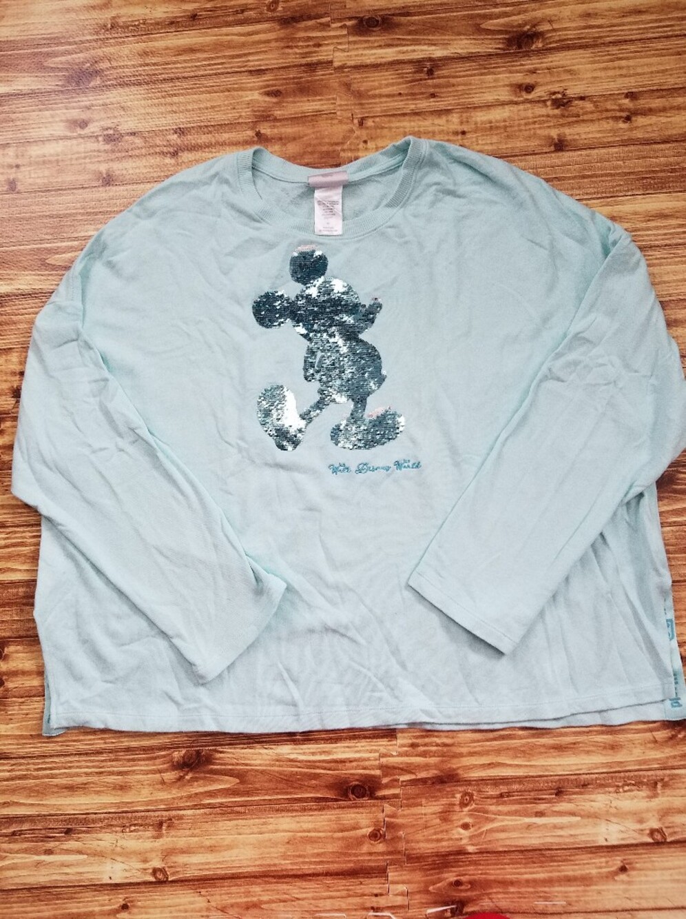 Disney Parks Mickey Mouse Reversible Sequin Sweatshirt Light Blue Aqua XL WDW